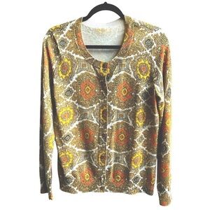NWOT Talbots Medallion Metallic Cardigan Sweater Mid Century Harvest Gold Size M